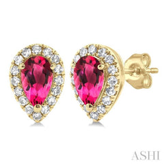 5x3 MM Pear Shape Pink Tourmaline and 1/8 Ctw Single Cut Diamond Halo Semi-Precious Stud Earrings in 10K Yellow Gold 5x3 MM Pear Shape Pink Tourmaline and 1/8 Ctw Single Cut Diamond Halo Semi-Precious Stud Earrings in 10K Yellow Gold