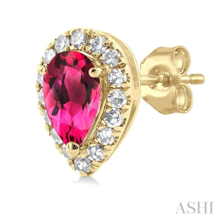 5x3 MM Pear Shape Pink Tourmaline and 1/8 Ctw Single Cut Diamond Halo Semi-Precious Stud Earrings in 10K Yellow Gold 5x3 MM Pear Shape Pink Tourmaline and 1/8 Ctw Single Cut Diamond Halo Semi-Precious Stud Earrings in 10K Yellow Gold