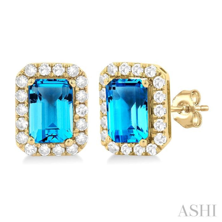 6x4 MM Octagonal Shape Blue Topaz and 1/4 Ctw Round Cut Diamond Halo Semi-Precious Stud Earrings in 14K Yellow Gold 6x4 MM Octagonal Shape Blue Topaz and 1/4 Ctw Round Cut Diamond Halo Semi-Precious Stud Earrings in 14K Yellow Gold