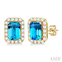 6x4 MM Octagonal Shape Blue Topaz and 1/4 Ctw Round Cut Diamond Halo Semi-Precious Stud Earrings in 14K Yellow Gold 6x4 MM Octagonal Shape Blue Topaz and 1/4 Ctw Round Cut Diamond Halo Semi-Precious Stud Earrings in 14K Yellow Gold