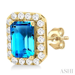 6x4 MM Octagonal Shape Blue Topaz and 1/4 Ctw Round Cut Diamond Halo Semi-Precious Stud Earrings in 14K Yellow Gold 6x4 MM Octagonal Shape Blue Topaz and 1/4 Ctw Round Cut Diamond Halo Semi-Precious Stud Earrings in 14K Yellow Gold