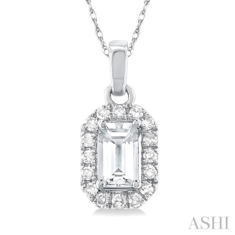 5x3 MM Octagonal Shape White Topaz and 1/20 Ctw Single Cut Diamond Halo Semi-Precious Pendant with Chain in 14K White Gold 5x3 MM Octagonal Shape White Topaz and 1/20 Ctw Single Cut Diamond Halo Semi-Precious Pendant with Chain in 14K White Gold