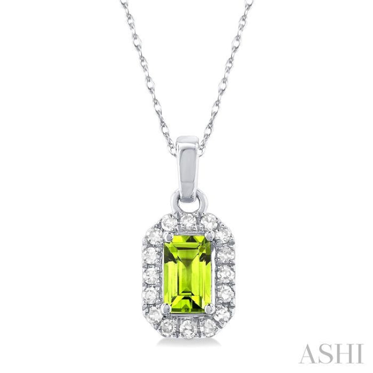 5x3 MM Octagonal Shape Peridot and 1/20 Ctw Single Cut Diamond Halo Semi-Precious Pendant with Chain in 14K White Gold 5x3 MM Octagonal Shape Peridot and 1/20 Ctw Single Cut Diamond Halo Semi-Precious Pendant with Chain in 14K White Gold