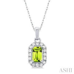 5x3 MM Octagonal Shape Peridot and 1/20 Ctw Single Cut Diamond Halo Semi-Precious Pendant with Chain in 14K White Gold 5x3 MM Octagonal Shape Peridot and 1/20 Ctw Single Cut Diamond Halo Semi-Precious Pendant with Chain in 14K White Gold