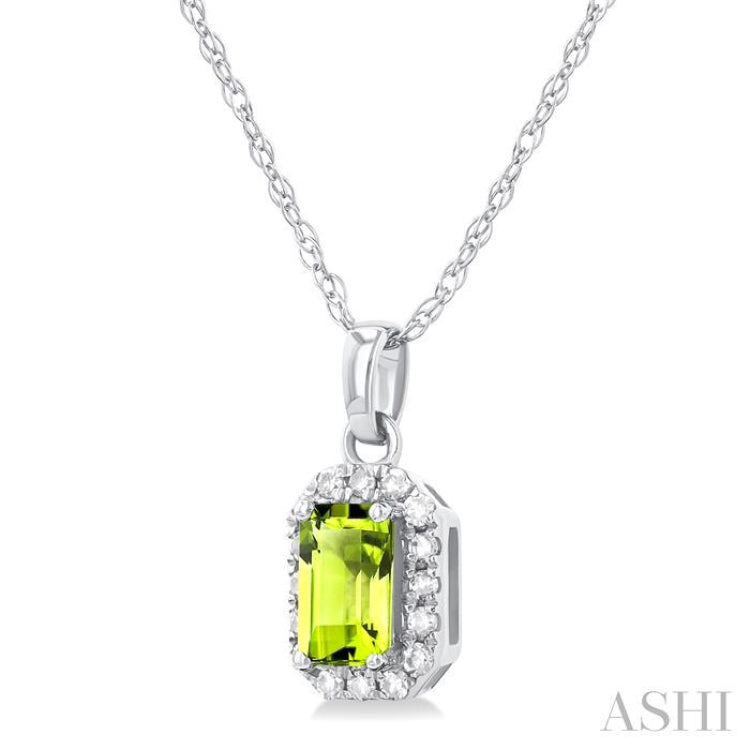 5x3 MM Octagonal Shape Peridot and 1/20 Ctw Single Cut Diamond Halo Semi-Precious Pendant with Chain in 14K White Gold 5x3 MM Octagonal Shape Peridot and 1/20 Ctw Single Cut Diamond Halo Semi-Precious Pendant with Chain in 14K White Gold
