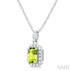 5x3 MM Octagonal Shape Peridot and 1/20 Ctw Single Cut Diamond Halo Semi-Precious Pendant with Chain in 14K White Gold 5x3 MM Octagonal Shape Peridot and 1/20 Ctw Single Cut Diamond Halo Semi-Precious Pendant with Chain in 14K White Gold