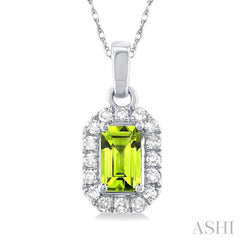 5x3 MM Octagonal Shape Peridot and 1/20 Ctw Single Cut Diamond Halo Semi-Precious Pendant with Chain in 14K White Gold 5x3 MM Octagonal Shape Peridot and 1/20 Ctw Single Cut Diamond Halo Semi-Precious Pendant with Chain in 14K White Gold