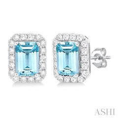 6x4 MM Octagonal Shape Aquamarine and 1/4 Ctw Round Cut Diamond Halo Semi-Precious Stud Earrings in 14K White Gold 6x4 MM Octagonal Shape Aquamarine and 1/4 Ctw Round Cut Diamond Halo Semi-Precious Stud Earrings in 14K White Gold