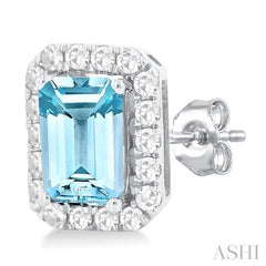 6x4 MM Octagonal Shape Aquamarine and 1/4 Ctw Round Cut Diamond Halo Semi-Precious Stud Earrings in 14K White Gold 6x4 MM Octagonal Shape Aquamarine and 1/4 Ctw Round Cut Diamond Halo Semi-Precious Stud Earrings in 14K White Gold