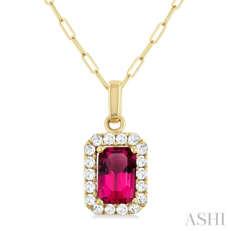 6x4 MM Octagonal Shape Pink Tourmaline and 1/6 Ctw Round Cut Diamond Halo Semi-Precious Pendant with Chain in 10K Yellow Gold 6x4 MM Octagonal Shape Pink Tourmaline and 1/6 Ctw Round Cut Diamond Halo Semi-Precious Pendant with Chain in 10K Yellow Gold