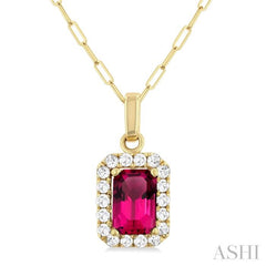 6x4 MM Octagonal Shape Pink Tourmaline and 1/6 Ctw Round Cut Diamond Halo Semi-Precious Pendant with Chain in 10K Yellow Gold 6x4 MM Octagonal Shape Pink Tourmaline and 1/6 Ctw Round Cut Diamond Halo Semi-Precious Pendant with Chain in 10K Yellow Gold