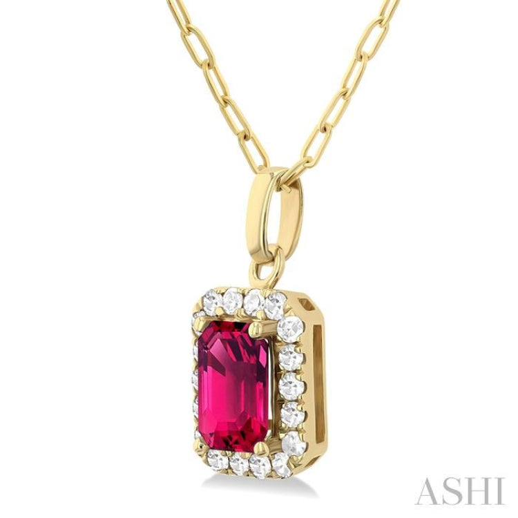 6x4 MM Octagonal Shape Pink Tourmaline and 1/6 Ctw Round Cut Diamond Halo Semi-Precious Pendant with Chain in 10K Yellow Gold 6x4 MM Octagonal Shape Pink Tourmaline and 1/6 Ctw Round Cut Diamond Halo Semi-Precious Pendant with Chain in 10K Yellow Gold