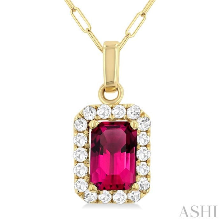 6x4 MM Octagonal Shape Pink Tourmaline and 1/6 Ctw Round Cut Diamond Halo Semi-Precious Pendant with Chain in 10K Yellow Gold 6x4 MM Octagonal Shape Pink Tourmaline and 1/6 Ctw Round Cut Diamond Halo Semi-Precious Pendant with Chain in 10K Yellow Gold