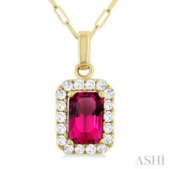 6x4 MM Octagonal Shape Pink Tourmaline and 1/6 Ctw Round Cut Diamond Halo Semi-Precious Pendant with Chain in 10K Yellow Gold 6x4 MM Octagonal Shape Pink Tourmaline and 1/6 Ctw Round Cut Diamond Halo Semi-Precious Pendant with Chain in 10K Yellow Gold