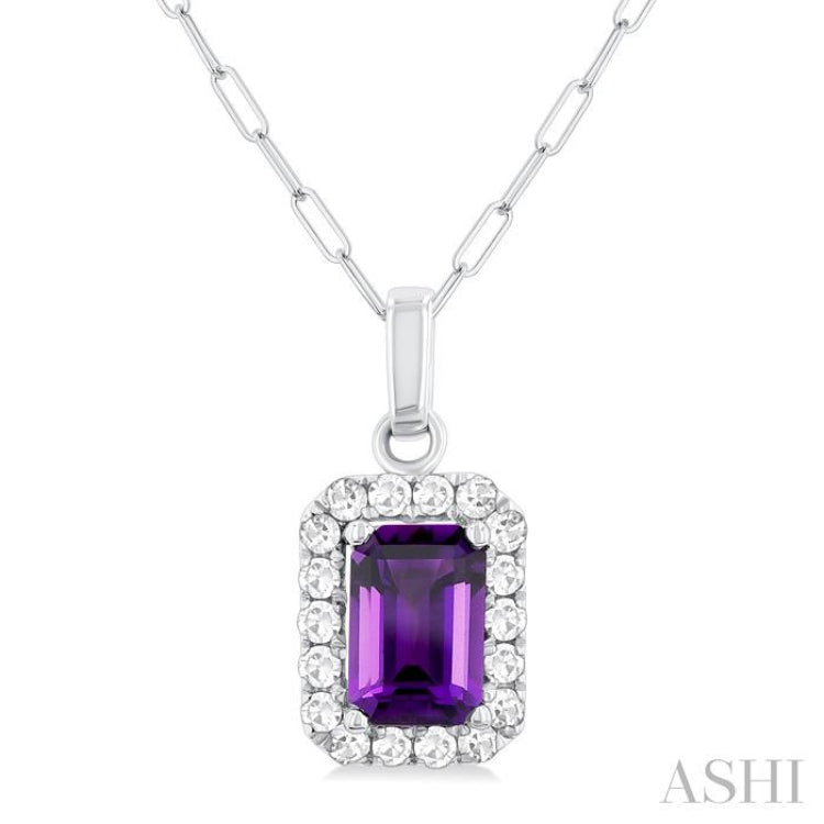 6x4 MM Octagonal Shape Amethyst and 1/6 Ctw Round Cut Diamond Halo Semi-Precious Pendant with Chain in 14K White Gold 6x4 MM Octagonal Shape Amethyst and 1/6 Ctw Round Cut Diamond Halo Semi-Precious Pendant with Chain in 14K White Gold