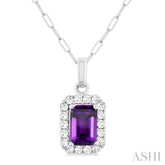 6x4 MM Octagonal Shape Amethyst and 1/6 Ctw Round Cut Diamond Halo Semi-Precious Pendant with Chain in 14K White Gold