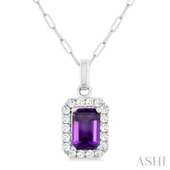 6x4 MM Octagonal Shape Amethyst and 1/6 Ctw Round Cut Diamond Halo Semi-Precious Pendant with Chain in 14K White Gold 6x4 MM Octagonal Shape Amethyst and 1/6 Ctw Round Cut Diamond Halo Semi-Precious Pendant with Chain in 14K White Gold