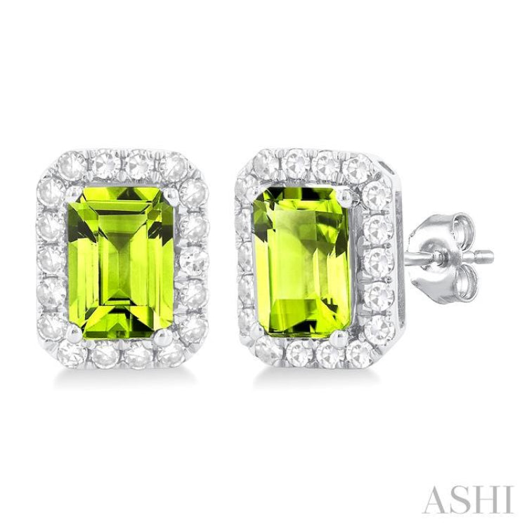 6x4 MM Octagonal Shape Peridot and 1/4 Ctw Round Cut Diamond Halo Semi-Precious Stud Earrings in 10K White Gold 6x4 MM Octagonal Shape Peridot and 1/4 Ctw Round Cut Diamond Halo Semi-Precious Stud Earrings in 10K White Gold