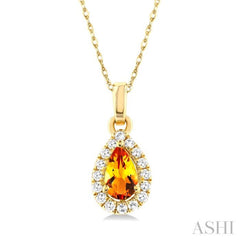 5x3 MM Pear Shape Citrine and 1/20 Ctw Single Cut Diamond Halo Semi-Precious Pendant with Chain in 10K Yellow Gold 5x3 MM Pear Shape Citrine and 1/20 Ctw Single Cut Diamond Halo Semi-Precious Pendant with Chain in 10K Yellow Gold