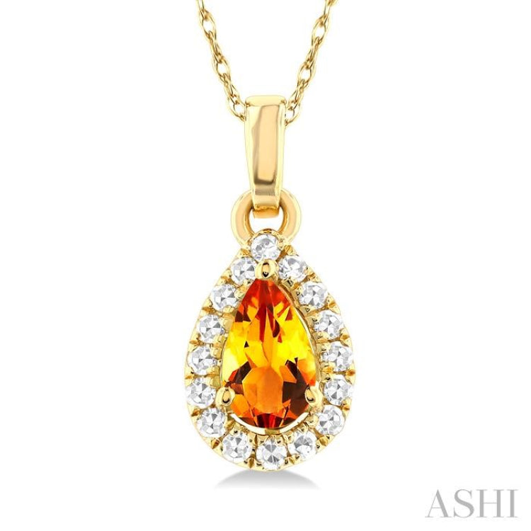 5x3 MM Pear Shape Citrine and 1/20 Ctw Single Cut Diamond Halo Semi-Precious Pendant with Chain in 10K Yellow Gold 5x3 MM Pear Shape Citrine and 1/20 Ctw Single Cut Diamond Halo Semi-Precious Pendant with Chain in 10K Yellow Gold