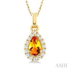 5x3 MM Pear Shape Citrine and 1/20 Ctw Single Cut Diamond Halo Semi-Precious Pendant with Chain in 10K Yellow Gold 5x3 MM Pear Shape Citrine and 1/20 Ctw Single Cut Diamond Halo Semi-Precious Pendant with Chain in 10K Yellow Gold