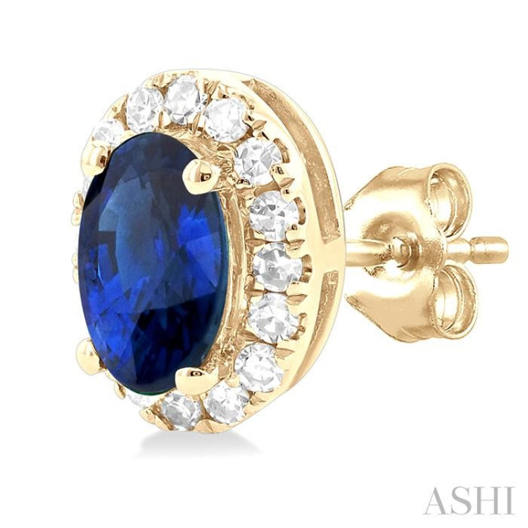 5x3 MM Oval Shape Sapphire and 1/8 Ctw Single Cut Diamond Halo Precious Stud Earrings in 10K Yellow Gold 5x3 MM Oval Shape Sapphire and 1/8 Ctw Single Cut Diamond Halo Precious Stud Earrings in 10K Yellow Gold