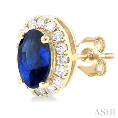 5x3 MM Oval Shape Sapphire and 1/8 Ctw Single Cut Diamond Halo Precious Stud Earrings in 10K Yellow Gold 5x3 MM Oval Shape Sapphire and 1/8 Ctw Single Cut Diamond Halo Precious Stud Earrings in 10K Yellow Gold