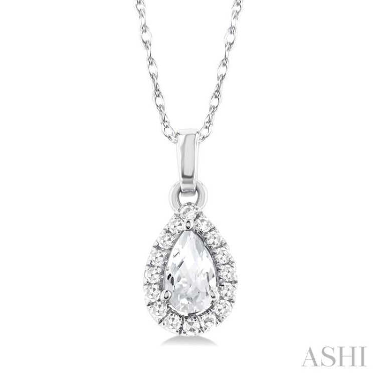 5x3 MM Pear Shape White Topaz and 1/20 Ctw Single Cut Diamond Halo Semi-Precious Pendant with Chain in 10K White Gold 5x3 MM Pear Shape White Topaz and 1/20 Ctw Single Cut Diamond Halo Semi-Precious Pendant with Chain in 10K White Gold