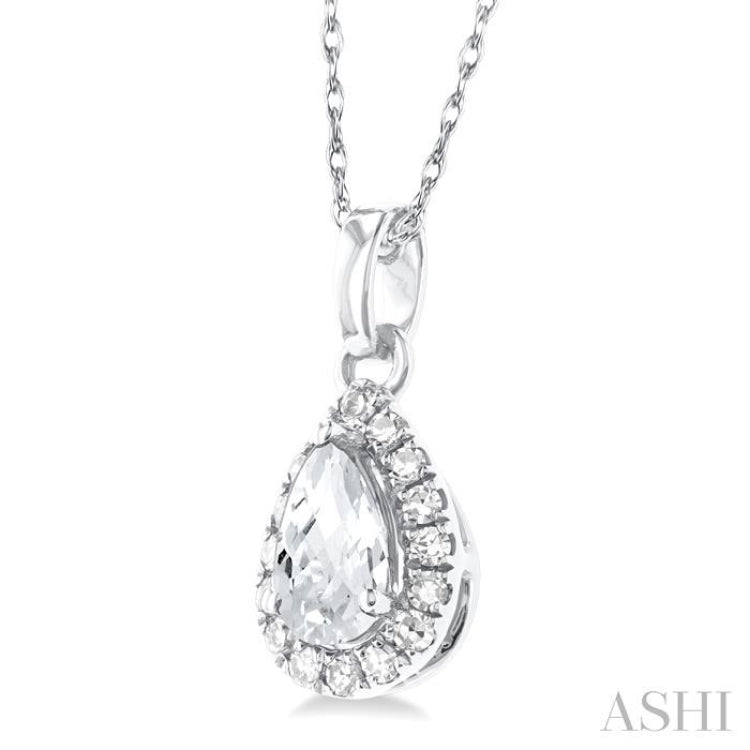 5x3 MM Pear Shape White Topaz and 1/20 Ctw Single Cut Diamond Halo Semi-Precious Pendant with Chain in 10K White Gold 5x3 MM Pear Shape White Topaz and 1/20 Ctw Single Cut Diamond Halo Semi-Precious Pendant with Chain in 10K White Gold