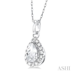 5x3 MM Pear Shape White Topaz and 1/20 Ctw Single Cut Diamond Halo Semi-Precious Pendant with Chain in 10K White Gold 5x3 MM Pear Shape White Topaz and 1/20 Ctw Single Cut Diamond Halo Semi-Precious Pendant with Chain in 10K White Gold