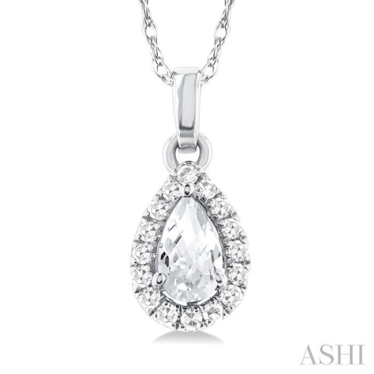 5x3 MM Pear Shape White Topaz and 1/20 Ctw Single Cut Diamond Halo Semi-Precious Pendant with Chain in 10K White Gold 5x3 MM Pear Shape White Topaz and 1/20 Ctw Single Cut Diamond Halo Semi-Precious Pendant with Chain in 10K White Gold