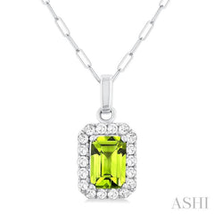6x4 MM Octagonal Shape Peridot and 1/6 Ctw Round Cut Diamond Halo Semi-Precious Pendant with Chain in 14K White Gold 6x4 MM Octagonal Shape Peridot and 1/6 Ctw Round Cut Diamond Halo Semi-Precious Pendant with Chain in 14K White Gold