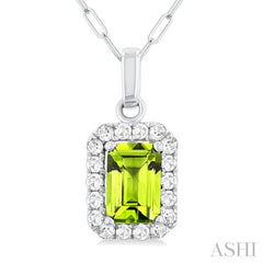 6x4 MM Octagonal Shape Peridot and 1/6 Ctw Round Cut Diamond Halo Semi-Precious Pendant with Chain in 14K White Gold 6x4 MM Octagonal Shape Peridot and 1/6 Ctw Round Cut Diamond Halo Semi-Precious Pendant with Chain in 14K White Gold