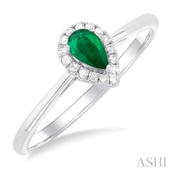 5x3 MM Pear Shape Emerald and 1/20 Ctw Single Cut Diamond Halo Precious Ring in 10K White Gold 5x3 MM Pear Shape Emerald and 1/20 Ctw Single Cut Diamond Halo Precious Ring in 10K White Gold