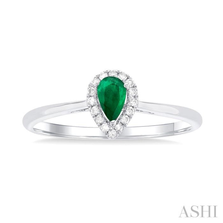 5x3 MM Pear Shape Emerald and 1/20 Ctw Single Cut Diamond Halo Precious Ring in 10K White Gold 5x3 MM Pear Shape Emerald and 1/20 Ctw Single Cut Diamond Halo Precious Ring in 10K White Gold