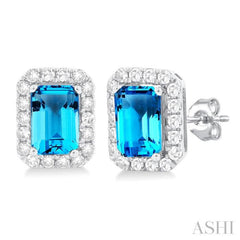 6x4 MM Octagonal Shape Blue Topaz and 1/4 Ctw Round Cut Diamond Halo Semi-Precious Stud Earrings in 10K White Gold 6x4 MM Octagonal Shape Blue Topaz and 1/4 Ctw Round Cut Diamond Halo Semi-Precious Stud Earrings in 10K White Gold