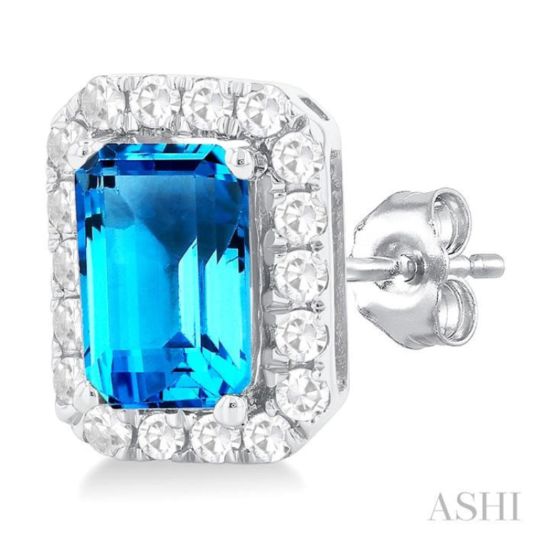 6x4 MM Octagonal Shape Blue Topaz and 1/4 Ctw Round Cut Diamond Halo Semi-Precious Stud Earrings in 10K White Gold 6x4 MM Octagonal Shape Blue Topaz and 1/4 Ctw Round Cut Diamond Halo Semi-Precious Stud Earrings in 10K White Gold
