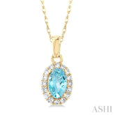 5x3 MM Oval Shape Aquamarine and 1/20 Ctw Single Cut Diamond Halo Semi-Precious Pendant with Chain in 10K Yellow Gold