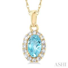 5x3 MM Oval Shape Aquamarine and 1/20 Ctw Single Cut Diamond Halo Semi-Precious Pendant with Chain in 10K Yellow Gold 5x3 MM Oval Shape Aquamarine and 1/20 Ctw Single Cut Diamond Halo Semi-Precious Pendant with Chain in 10K Yellow Gold