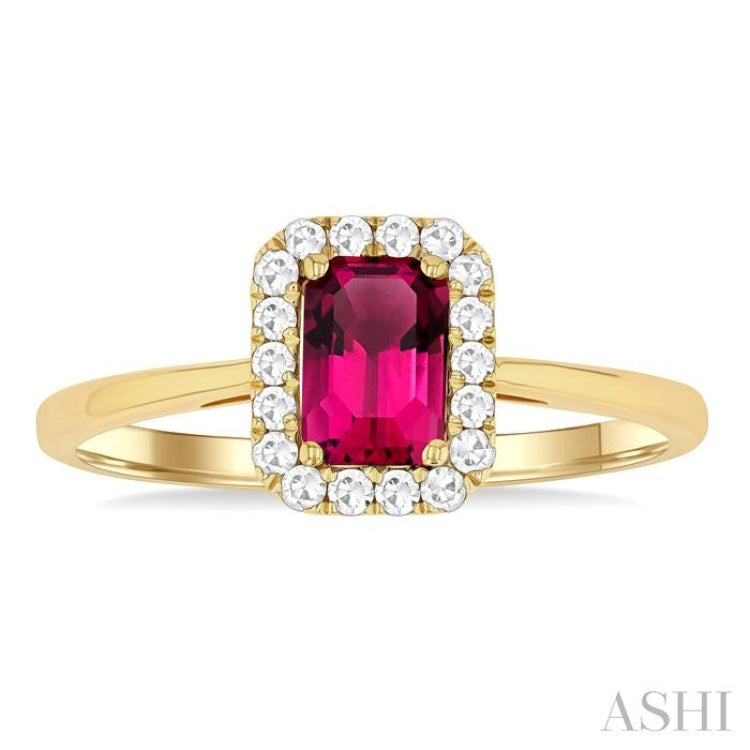 6x4 MM Octagonal Shape Pink Tourmaline and 1/6 Ctw Round Cut Diamond Halo Semi-Precious Ring in 14K Yellow Gold 6x4 MM Octagonal Shape Pink Tourmaline and 1/6 Ctw Round Cut Diamond Halo Semi-Precious Ring in 14K Yellow Gold