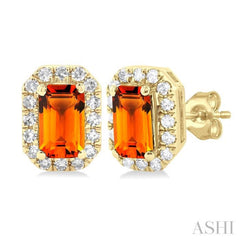 5x3 MM Octagonal Shape Citrine and 1/8 Ctw Single Cut Diamond Halo Semi-Precious Stud Earrings in 14K Yellow Gold 5x3 MM Octagonal Shape Citrine and 1/8 Ctw Single Cut Diamond Halo Semi-Precious Stud Earrings in 14K Yellow Gold