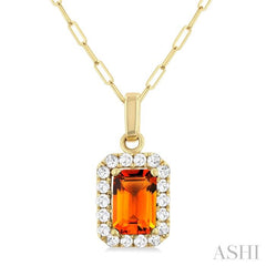 6x4 MM Octagonal Shape Citrine and 1/6 Ctw Round Cut Diamond Halo Semi-Precious Pendant with Chain in 14K Yellow Gold 6x4 MM Octagonal Shape Citrine and 1/6 Ctw Round Cut Diamond Halo Semi-Precious Pendant with Chain in 14K Yellow Gold