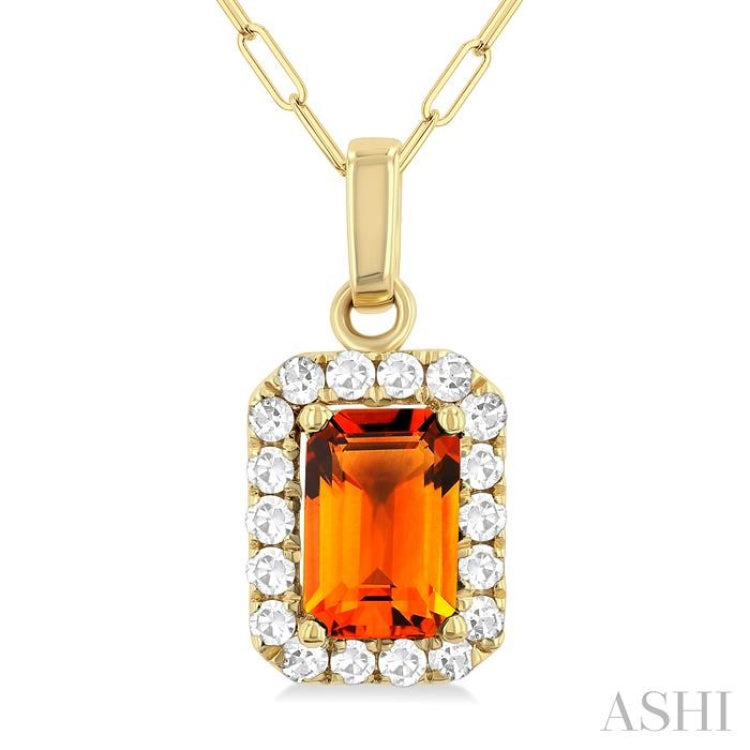 6x4 MM Octagonal Shape Citrine and 1/6 Ctw Round Cut Diamond Halo Semi-Precious Pendant with Chain in 14K Yellow Gold 6x4 MM Octagonal Shape Citrine and 1/6 Ctw Round Cut Diamond Halo Semi-Precious Pendant with Chain in 14K Yellow Gold