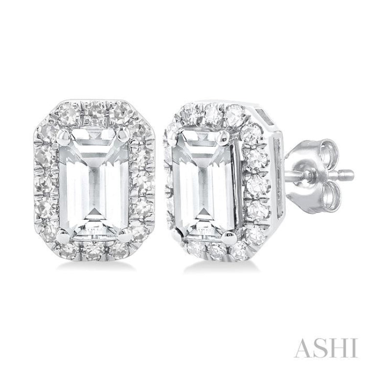5x3 MM Octagonal Shape White Topaz and 1/8 Ctw Single Cut Diamond Halo Semi-Precious Stud Earrings in 14K White Gold 5x3 MM Octagonal Shape White Topaz and 1/8 Ctw Single Cut Diamond Halo Semi-Precious Stud Earrings in 14K White Gold