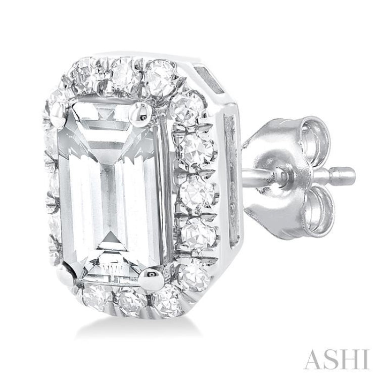 5x3 MM Octagonal Shape White Topaz and 1/8 Ctw Single Cut Diamond Halo Semi-Precious Stud Earrings in 14K White Gold 5x3 MM Octagonal Shape White Topaz and 1/8 Ctw Single Cut Diamond Halo Semi-Precious Stud Earrings in 14K White Gold