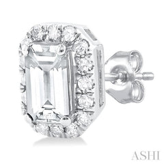 5x3 MM Octagonal Shape White Topaz and 1/8 Ctw Single Cut Diamond Halo Semi-Precious Stud Earrings in 14K White Gold 5x3 MM Octagonal Shape White Topaz and 1/8 Ctw Single Cut Diamond Halo Semi-Precious Stud Earrings in 14K White Gold