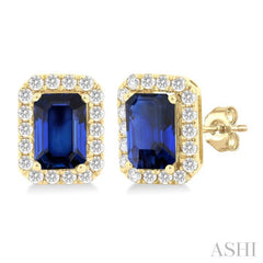 6x4 MM Octagonal Shape Sapphire and 1/4 Ctw Round Cut Diamond Halo Precious Stud Earrings in 10K Yellow Gold 6x4 MM Octagonal Shape Sapphire and 1/4 Ctw Round Cut Diamond Halo Precious Stud Earrings in 10K Yellow Gold