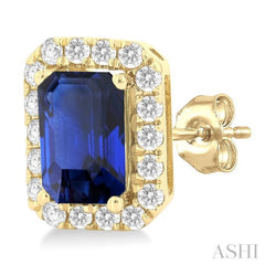 6x4 MM Octagonal Shape Sapphire and 1/4 Ctw Round Cut Diamond Halo Precious Stud Earrings in 10K Yellow Gold 6x4 MM Octagonal Shape Sapphire and 1/4 Ctw Round Cut Diamond Halo Precious Stud Earrings in 10K Yellow Gold