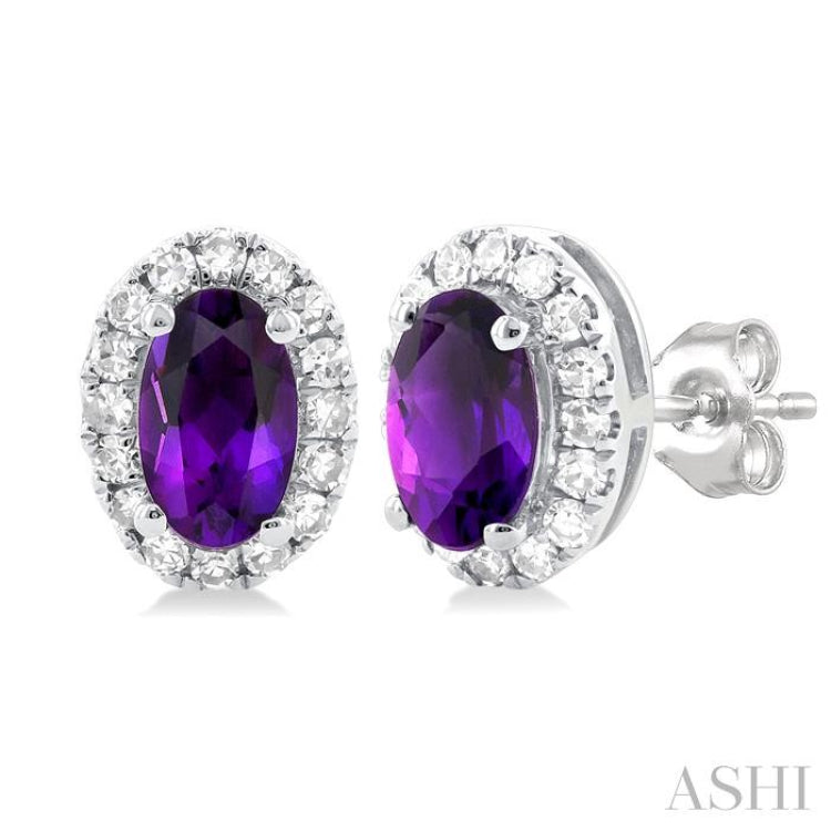 5x3 MM Oval Shape Amethyst and 1/8 Ctw Single Cut Diamond Halo Semi-Precious Stud Earrings in 14K White Gold 5x3 MM Oval Shape Amethyst and 1/8 Ctw Single Cut Diamond Halo Semi-Precious Stud Earrings in 14K White Gold