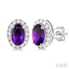 5x3 MM Oval Shape Amethyst and 1/8 Ctw Single Cut Diamond Halo Semi-Precious Stud Earrings in 14K White Gold 5x3 MM Oval Shape Amethyst and 1/8 Ctw Single Cut Diamond Halo Semi-Precious Stud Earrings in 14K White Gold